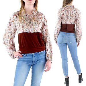 Refried Apparel Women Taupe Satin Paisley Long Sleeve Shirt Blouse Top (L) NWT